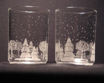 candle votive holder christmas scene etched glass FREE SHIPPING