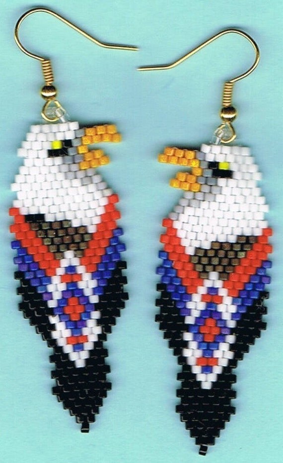 Beautiful Hand Beaded Bald Eagle in Feather dangling earrings