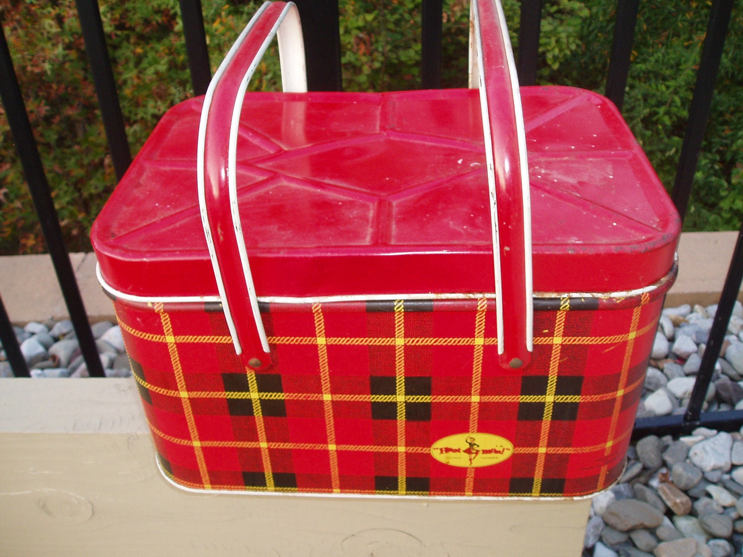 Vintage Tin Picnic Basket Hoot Mon Red Tartan Plaid