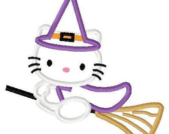 kitty witch on broom halloween applique design instant download