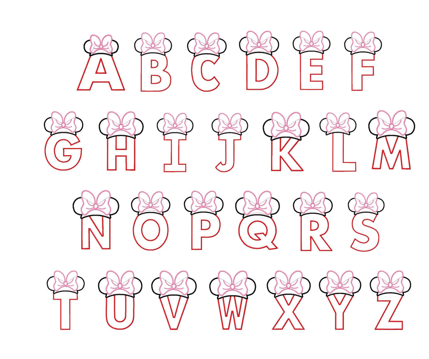 Letters With Minnie Mouse Ears Applique Designs 5x7 Hoop