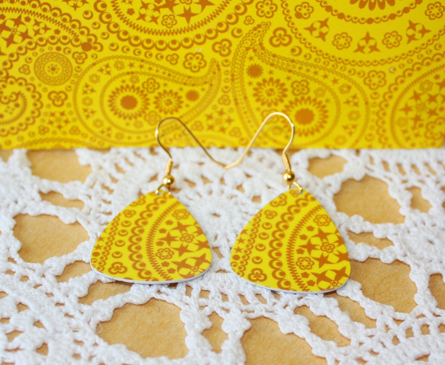 Guitar Pick Earrings Yellow Brown Paisley Handmade From