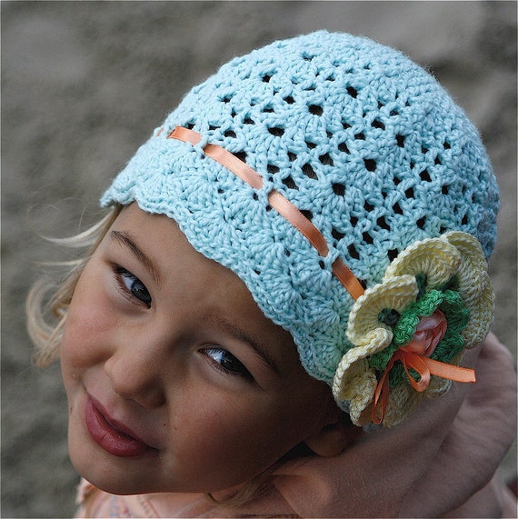 Crochet Cotton Lace Hat with Flower for Children 4-8 yo