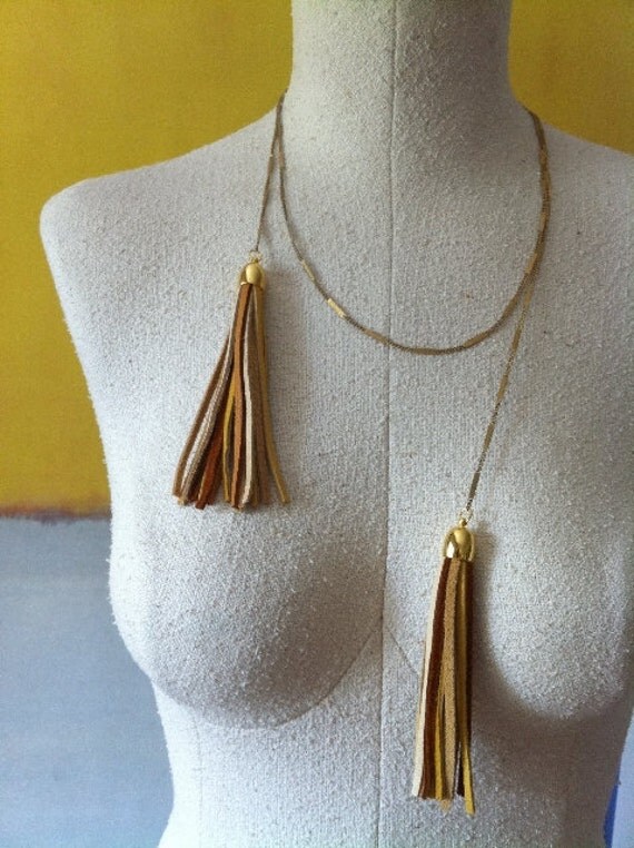 Golden Leather Tassel Lariat Necklace