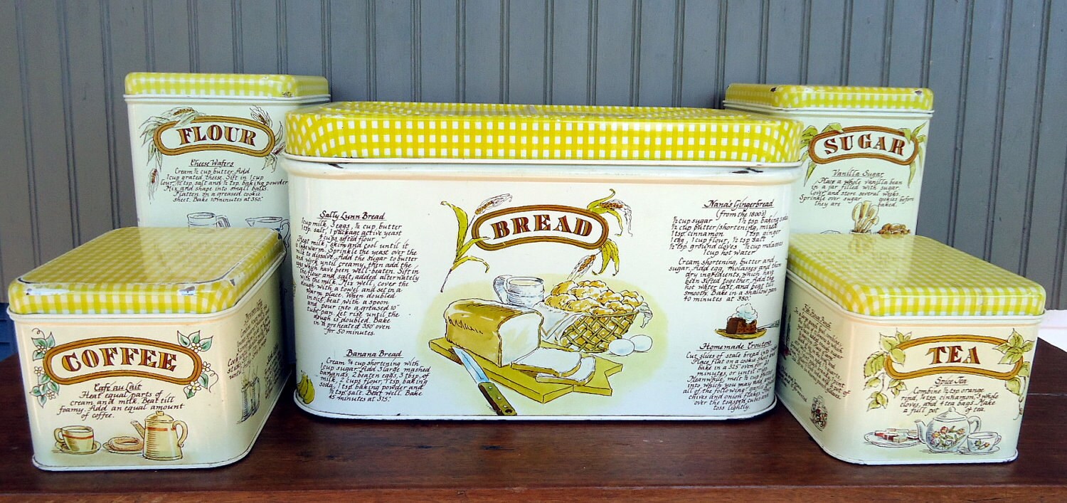 Vintage Yellow Bread Box Canisters Metal Cottage Retro Kitchen