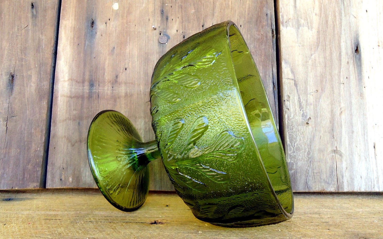 Vintage Green Bowl Glass Pedestal Footed Compote Floral