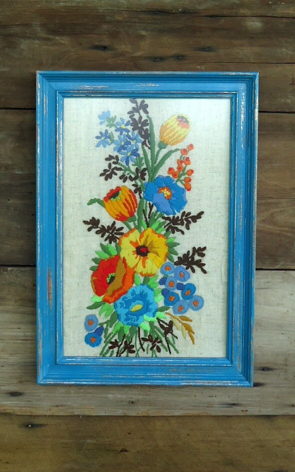Vintage Crewel Framed Floral Flowers Embroidery Embroidered