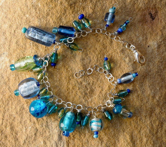 Items similar to Sea Blue Charm Bracelet, Sea Glass, Light Blue, Green ...