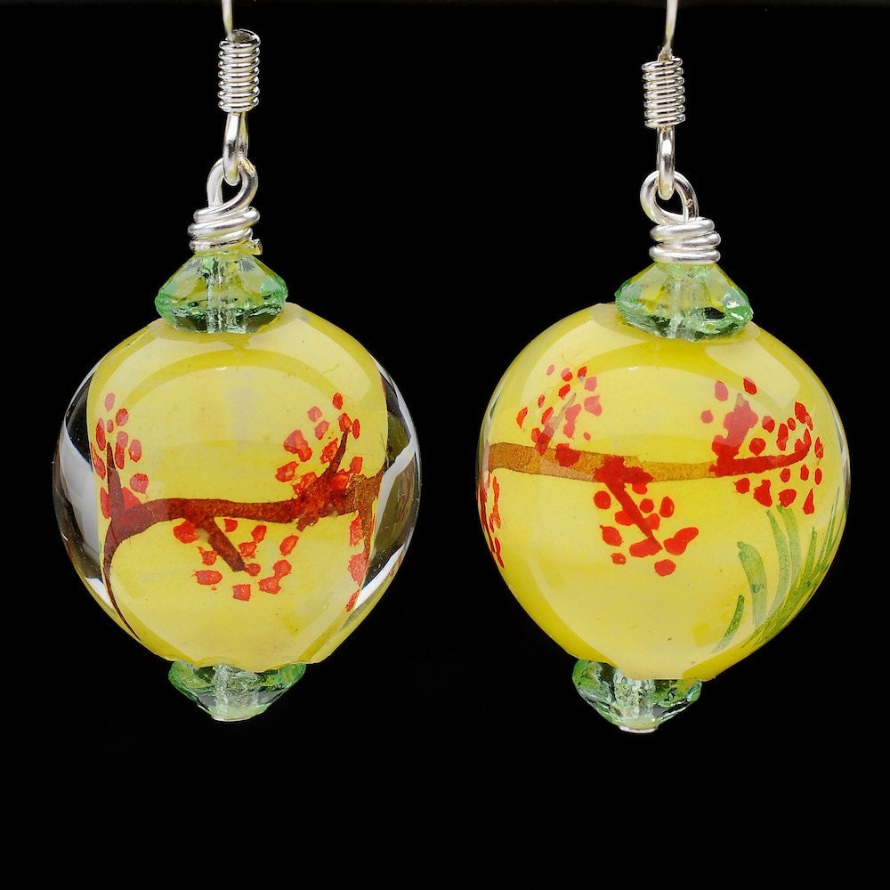 Zen Earrings Hand painted Lantern Earrings Yellow Green