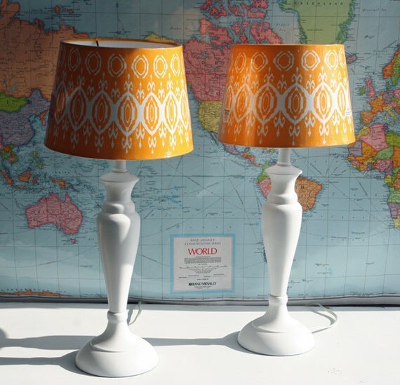 2 Small Vintage White Bedside Lamps with Yellow Shades By Foo