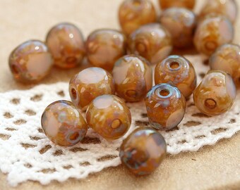 Picasso beads, Czech Glass beads, round cut, Pink Beige, spacers, round beads, fire polished - 6mm - 30Pc - 1970