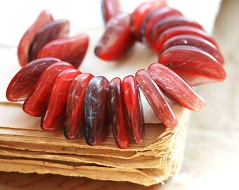 Czech glass leaf beads, red brown mixed color pressed leaves, red leaf - 14x9mm - 12Pc - 0406