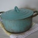 Vintage Antique Robins Egg Blue Cast Iron Pot and Lid
