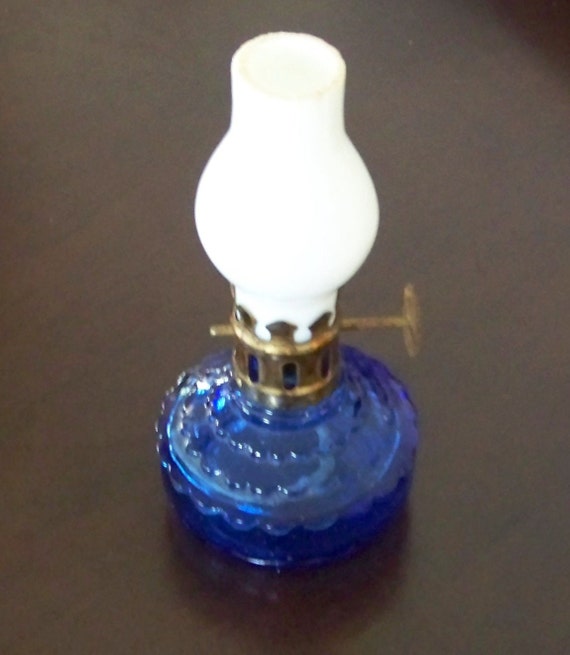 Blue Miniature Cut Oil glass milk and Glass White Glass  Lamp lamps Antique Milk oil antique