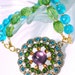 FREE SHIPPING - Crystal Floral Pendant, Gold with Aqua, Green, Amber and Purple Crystals, Vintage Style, Neon, Spring, Summer