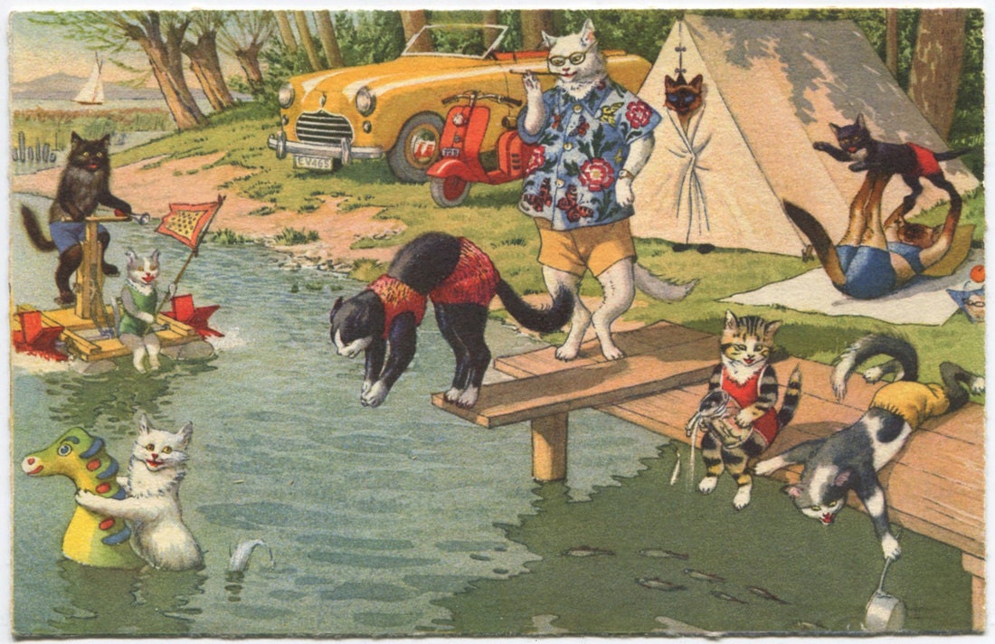 Vintage Cats Summer Picnic Postcard Alfred Mainzer Company