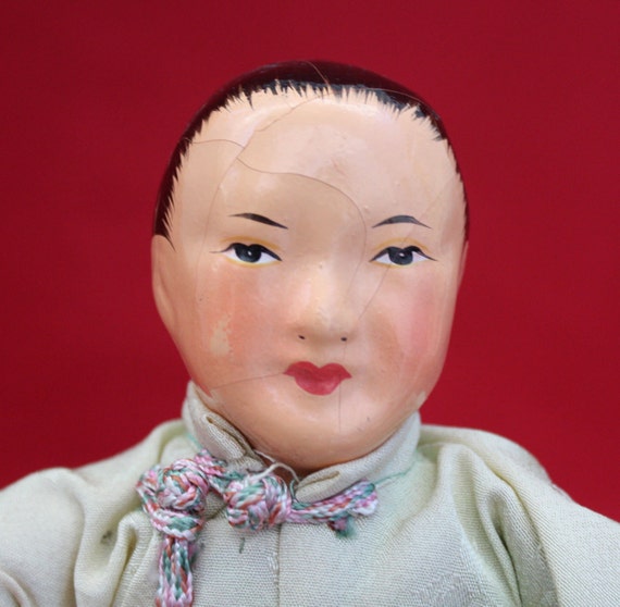 Handsome Chinese Man Doll 1950s Hand Painted. Paper Mache