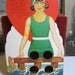 1930's large die cut Carrington Valentines card girl with bobbed hair , swimsuit, cap sits on pier holes to put fingers through