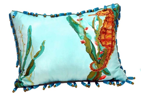 GORGEOUS SEAHORSE SILK Silk Handpainted Pillow