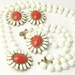 Reserved for Marie Milk White Glass Beads Orange Cabochon Demi Parure Vogue Vtg Costume Jewelry Necklace Bracelet Earrings