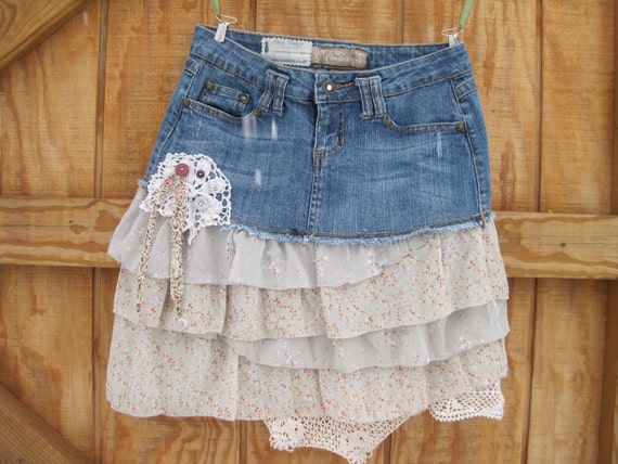 Boho denim skirt / cowgirl doilie skirt / funky ruffled skirt