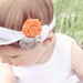 Nylon Baby Headbands - Fabric Flowers - Children Headband - Orange, Gray, & White Rolled Rosettes With Rhinestone Button on Nylon Headband