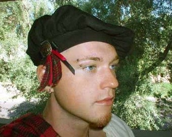 Handmade Mens Black Linen Scottish Tam O'Shanter In Your Size for SCA, Larp, Scottish Highland Games