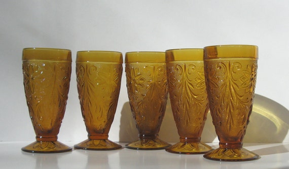 Vintage Amber Drinking Glasses Set Of 5