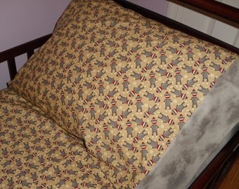 Sock Monkey Fitted Crib Toddler Mattress Sheet and Standard Pillowcase Set