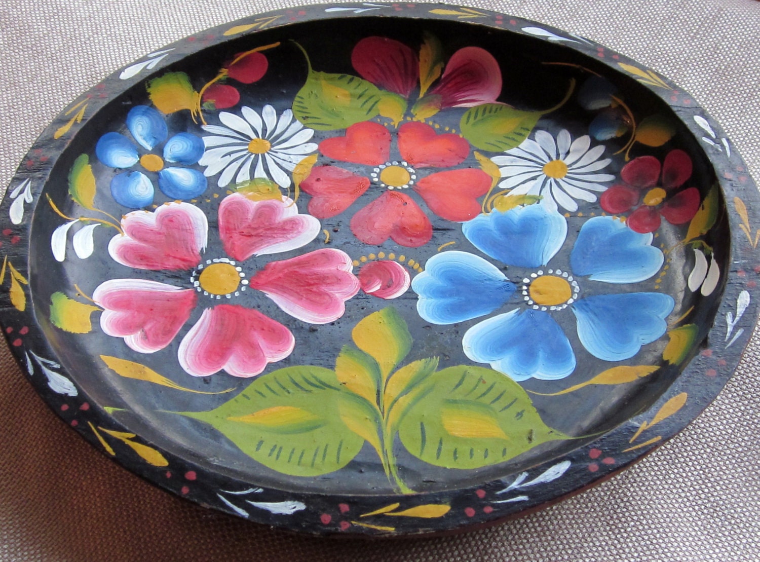 Vintage Mexican Wooden PlateBowl Hand Carved & Painted with