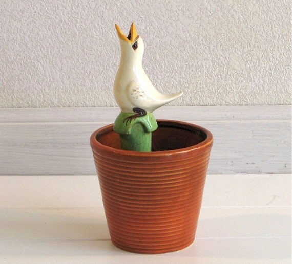 Vintage bird plant waterer water spike ceramic painted