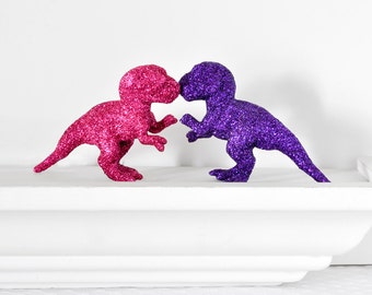 Baby T-Rex Dinosaurs in Fuchsia Hot Pink, Grape Purple Glitter Baby Shower Table Settings, Weddings, Nursery Decor or Fun Home Decorations