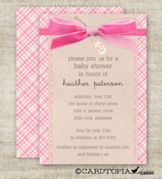 GIRL BABY SHOWER Invitations Plaid Bow Its A Girl Digital