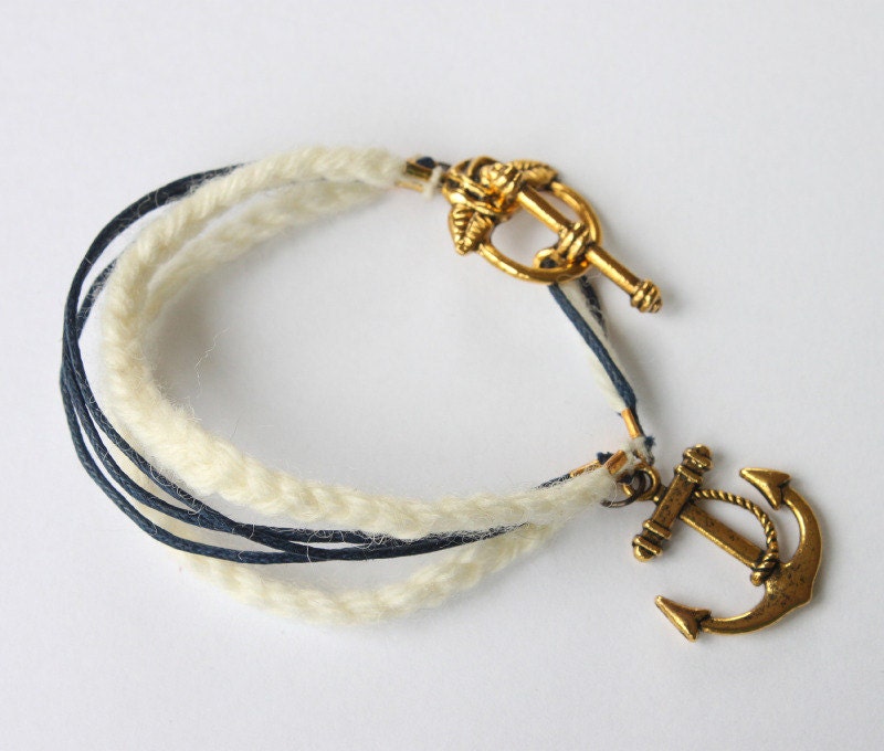 Blue Waxed Cotton Cord and Cream Yarn Antique Gold by WeAreDittew