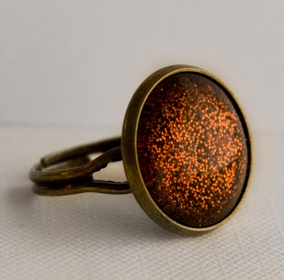 Golden Amber Ring in Antique Bronze Orange Amber Glitter