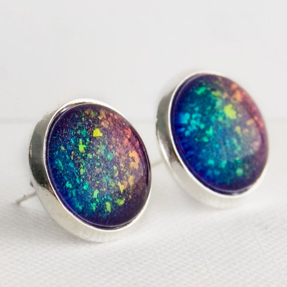 Supernova Post Earrings in Silver Purple & Rainbow
