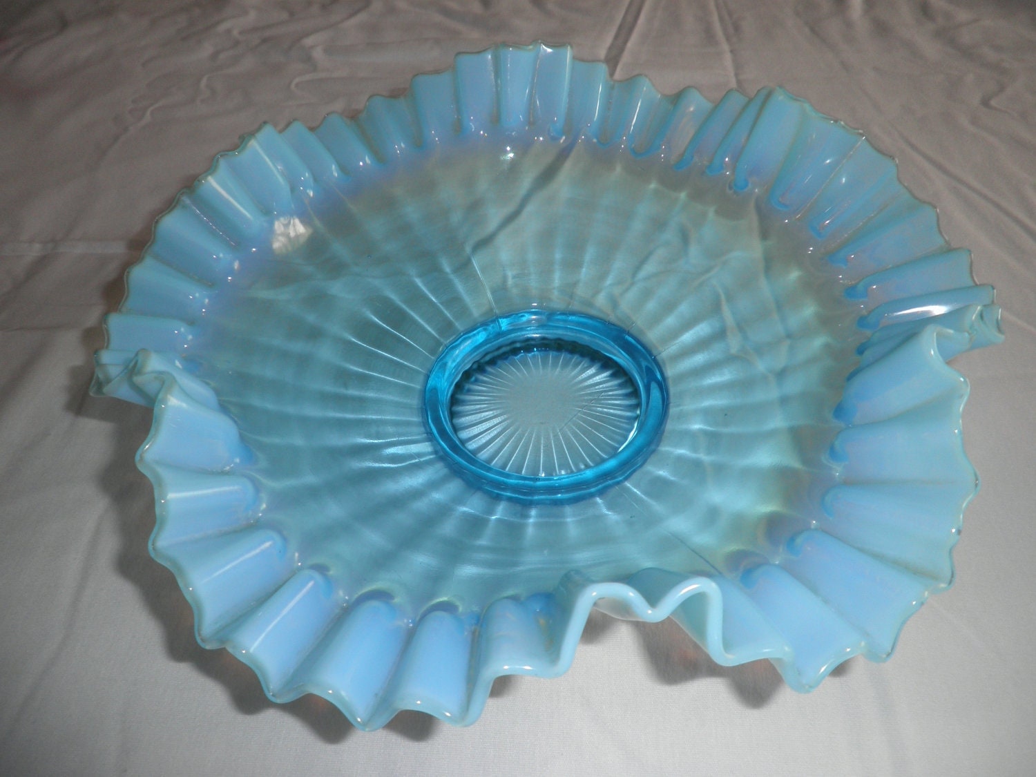 Vintage Fenton Light Blue Opalescent Glass Double Crimped Bowl