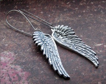ANGEL WING EARRINGS Silver Dangle Wing Pendant Gorgeous Detail Always -Watch Over Me- by RevelleRoseJewelry