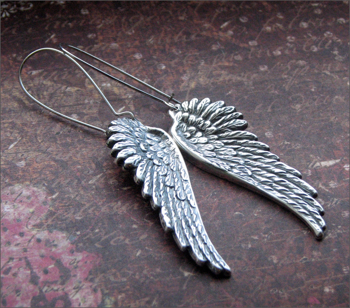 ANGEL WING EARRINGS Silver Dangle Wing Pendant Detail
