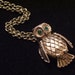 Vintage Owl Perfume Locket Pin Pendant Necklace Green Rhinestone Dark Goldtone