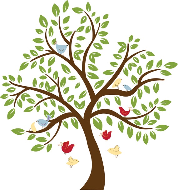 Kids childrens tree vinyl wall decal with 10 birds and leaves