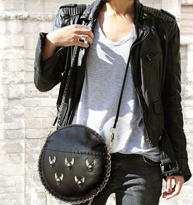 Black leather purse biker style round handbag by SPIRALEROUGE