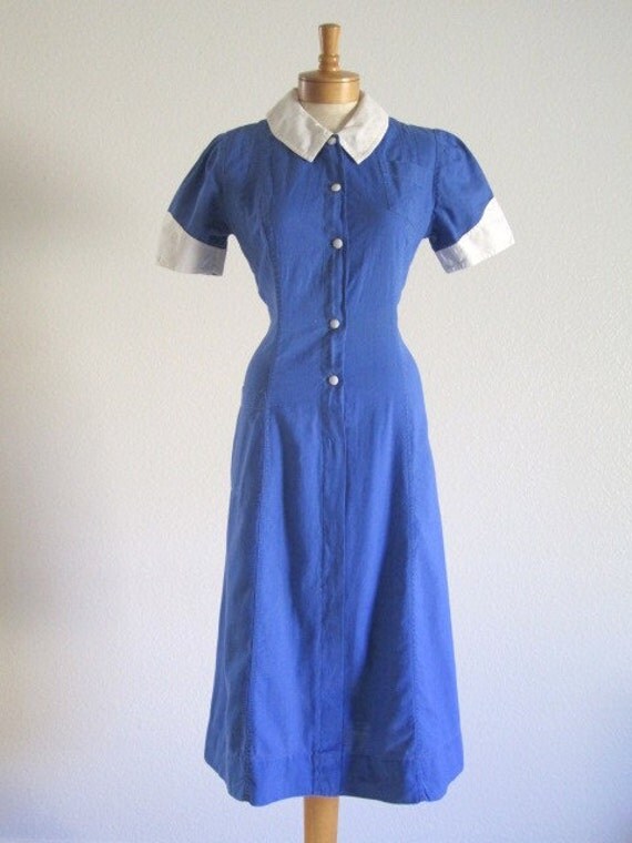 Vintage 40s Nurse Uniform Dress Blue and White Perfect by MKRetro