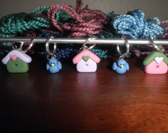 Polymer clay- Birdhouse and Blue Bird Stitch Markers (set of 5)