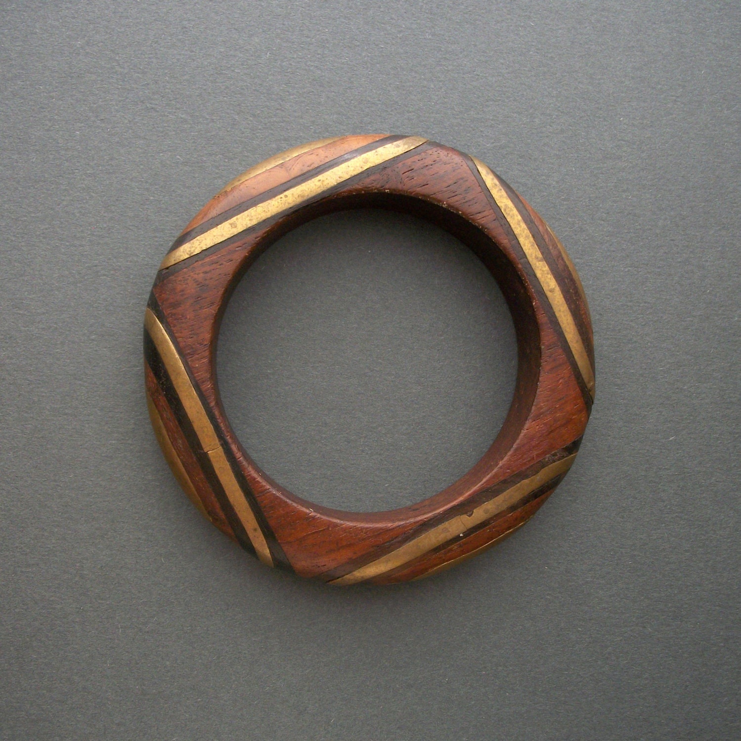 Wood Brass Bangle Bracelet . Deep Inlay . 1970s