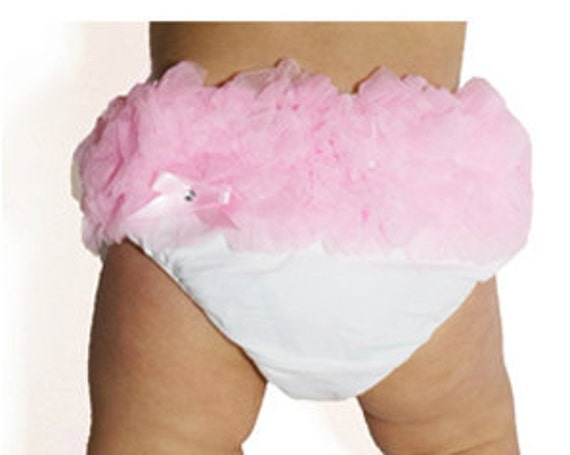 White Bloomers, Diaper Cover, Adorned With Pink Ruffles And A Matching Tiny Bow Accented By A Rhinestone Botton