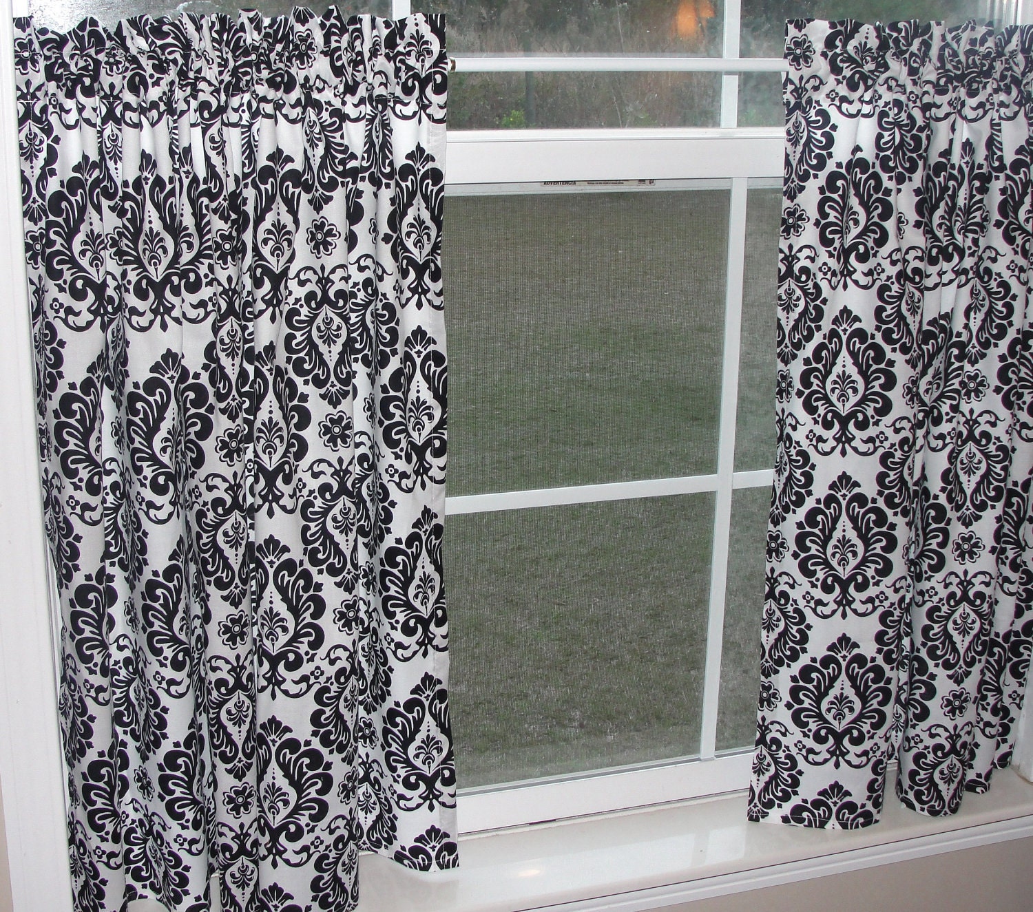 Cafe Curtain Set 80 Wide Black and White Damask Print