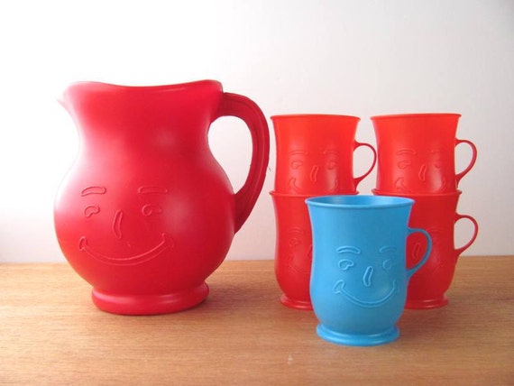 Vintage Kool Aid Pitcher Red and Blue Cups Plastic Set by Retro18