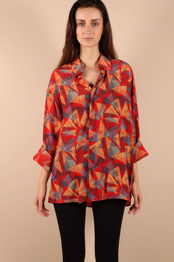 Vintage 80s 90s // geometric triangle silk blouse // slouchy