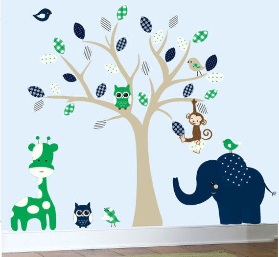Childrens wall decals safari jungle tree decals navy and green